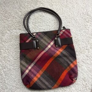 TALBOTS Wool Plaid  Shoulder‎ Bag Purse Leather Trim Zipper Close